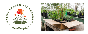 TreePeople's Native Garden Kit program logo on the left with a stylized native California plant with orange and red flowers blooming from a green box on the left and an image of the actual kit on the right with native California plants in the box and trowel in front of the kit.